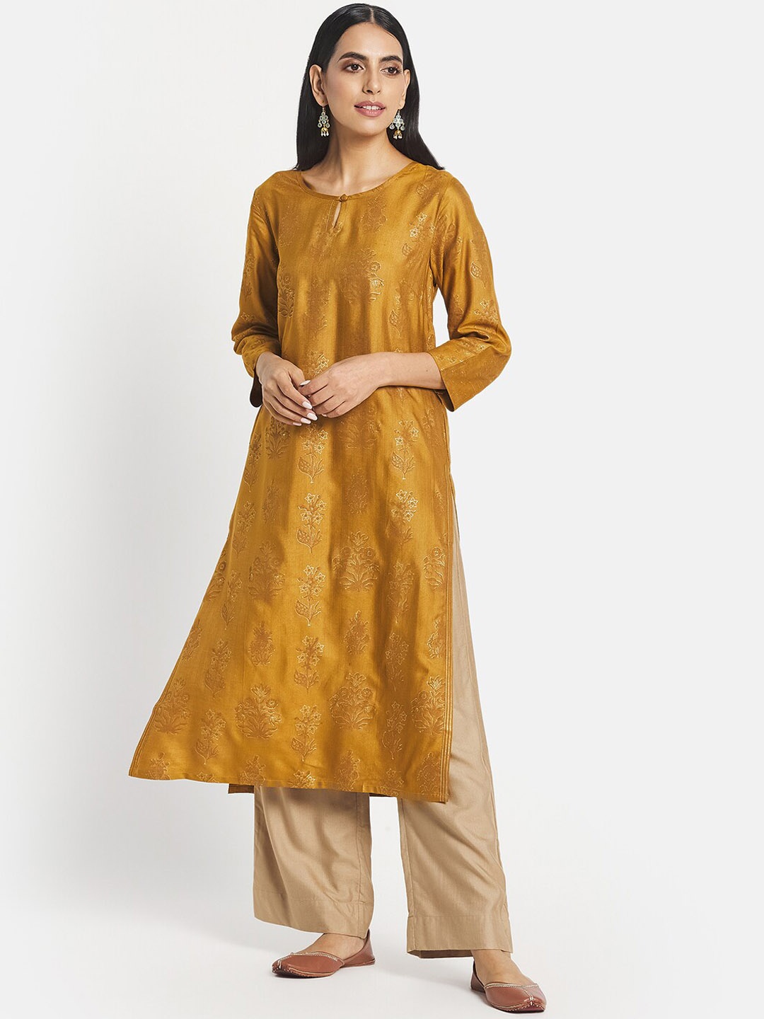 

Fabindia Women Mustard Yellow Ethnic Motifs Printed Keyhole Neck Kurta