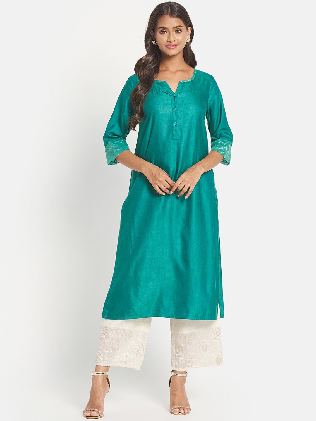 

Fabindia Women Teal Solid Kurta