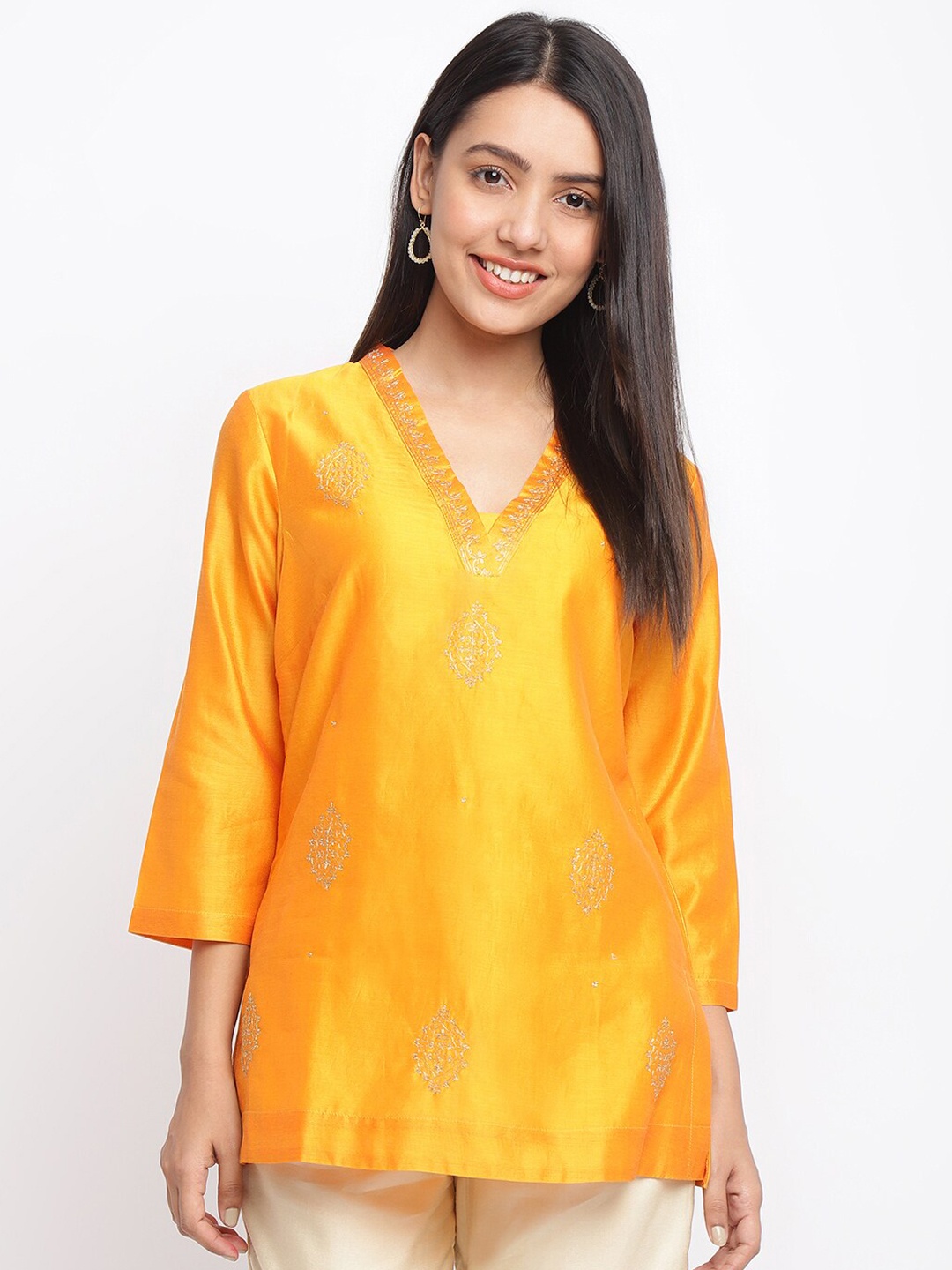 

Fabindia Women Yellow Ethnic Motifs Woven Design Short Kurta