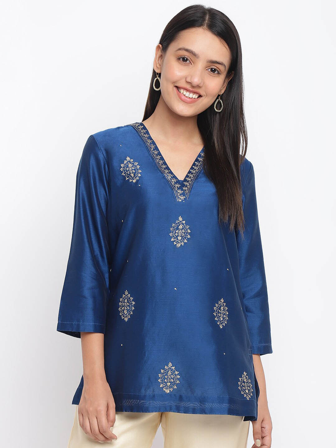 

Fabindia Blue Embroidered Cotton Silk Tunic