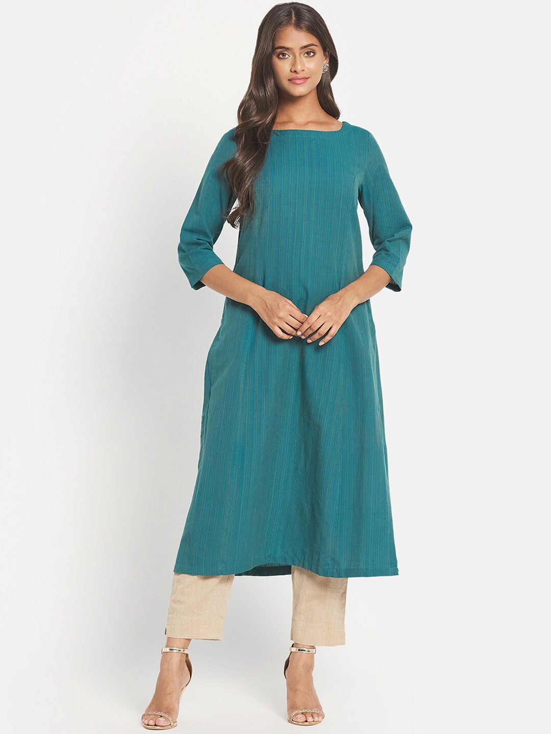 

Fabindia Women Teal Striped Pure Cotton Kurta