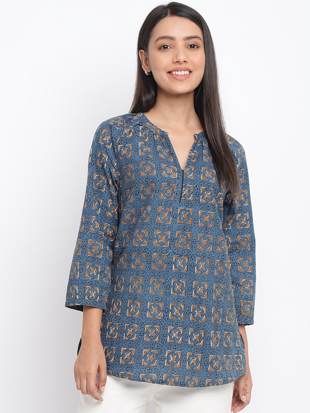 

Fabindia Women Blue & Brown Geometric Printed Cotton Short Kurta