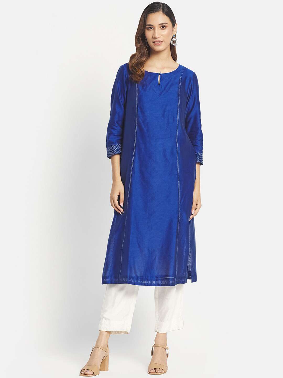 

Fabindia Women Blue Embroidered Keyhole Neck Cotton Silk Kurta