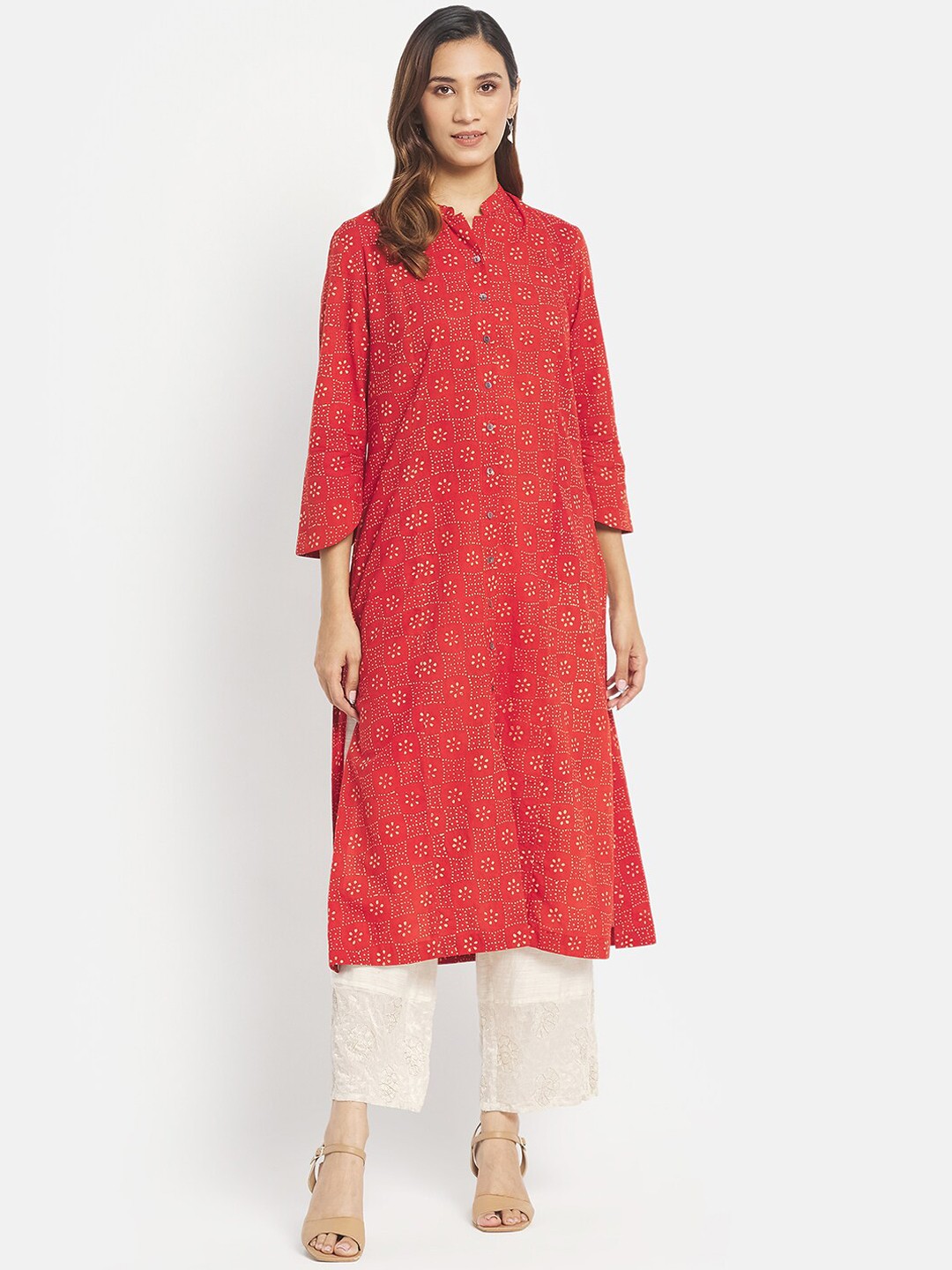 

Fabindia Women Red & Cream-Coloured Floral Printed Cotton Kurta