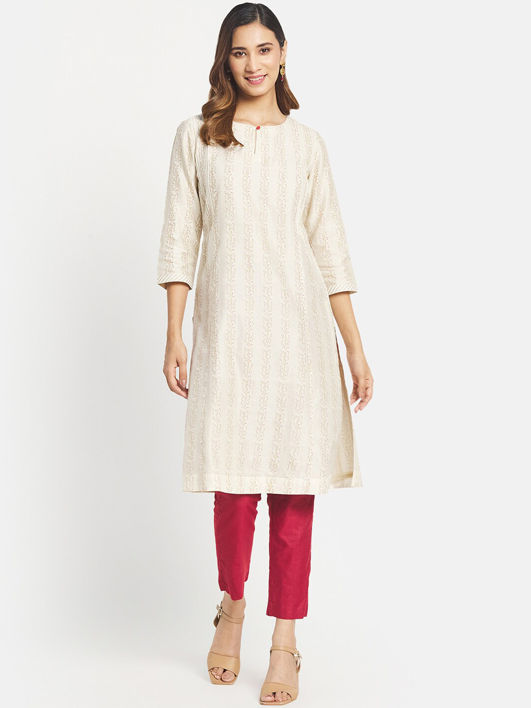 

Fabindia Women Beige Ethnic Motifs Printed Keyhole Neck Kurta