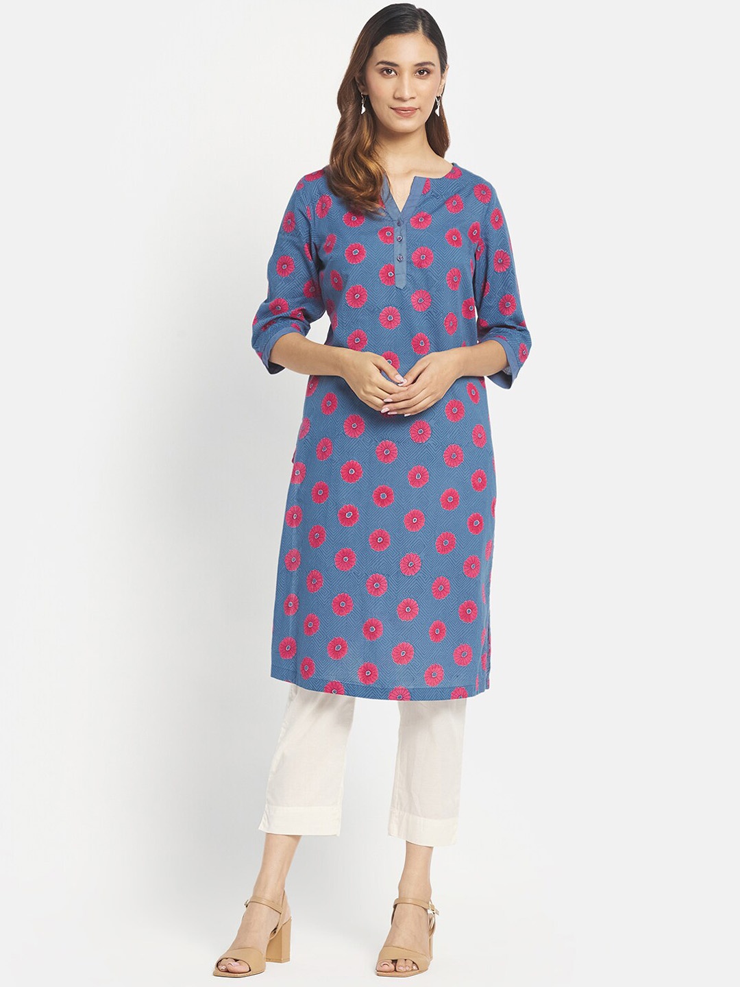 

Fabindia Women Blue Floral Printed Pure Cotton Kurta