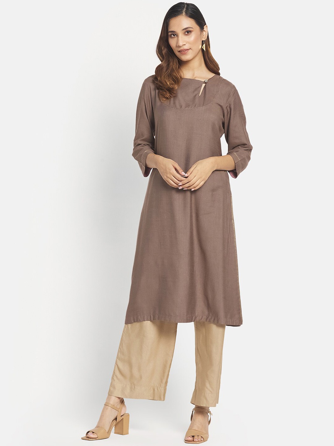 

Fabindia Women Brown Keyhole Neck Kurta