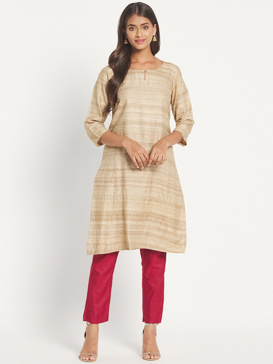 

Fabindia Women Beige Striped Keyhole Neck Kurta