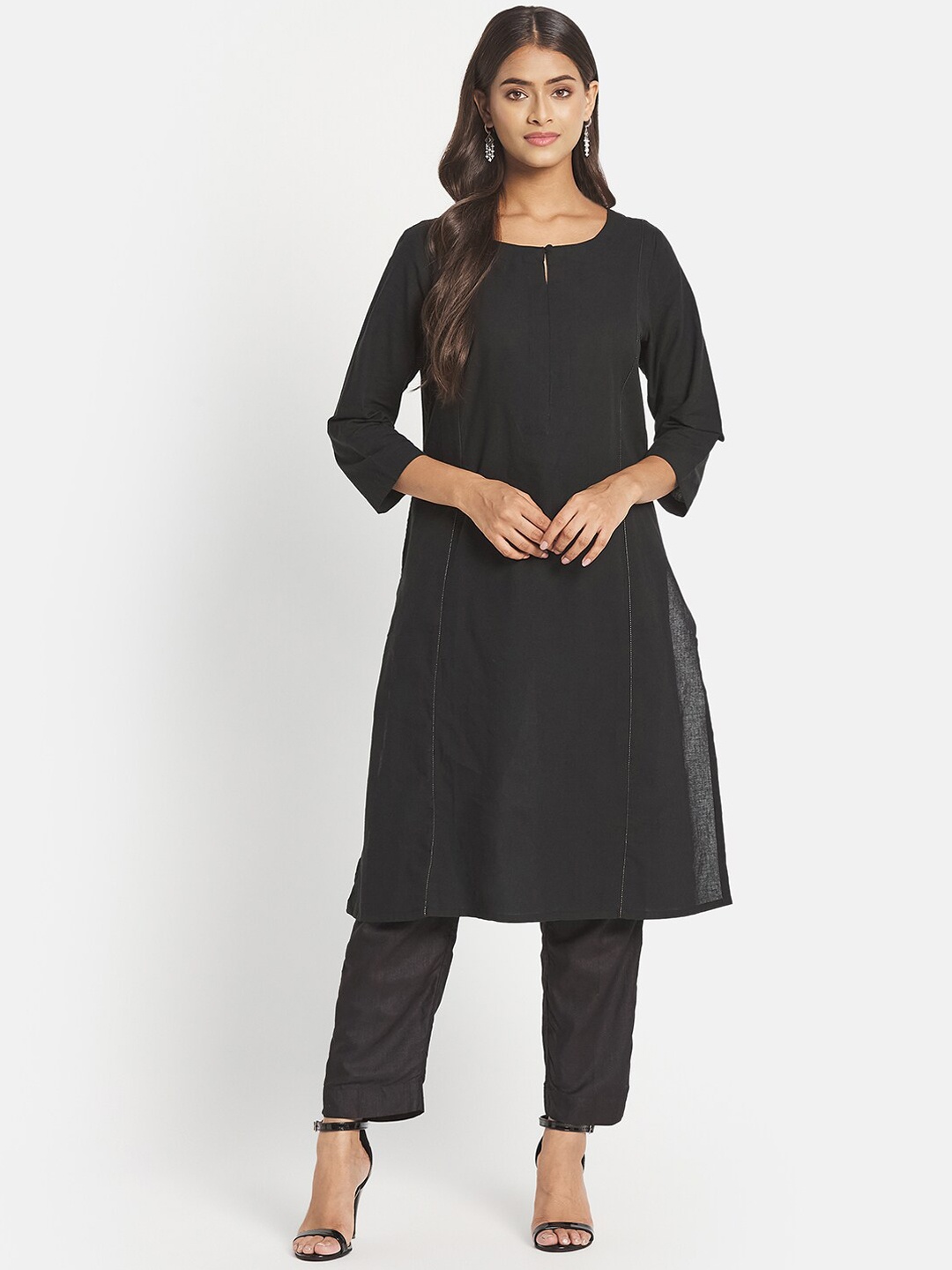 

Fabindia Women Black Solid Thread Work Straight Pure Cotton Cotton Kurta