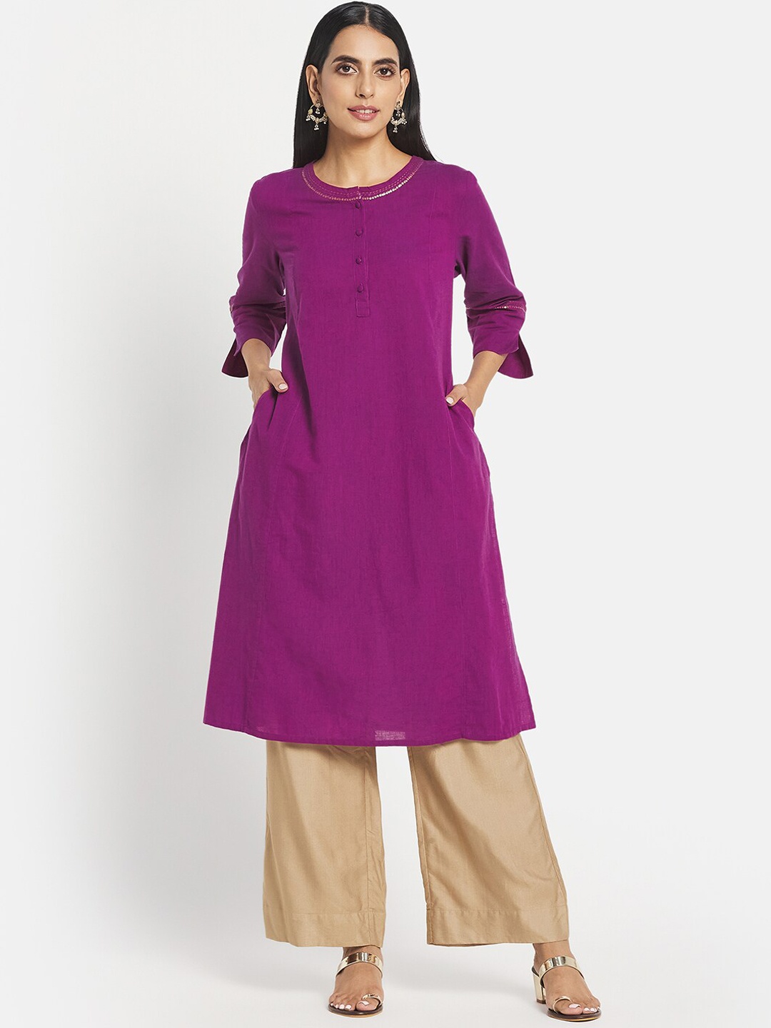 

Fabindia Women Purple Solid Pure Cotton Kurta