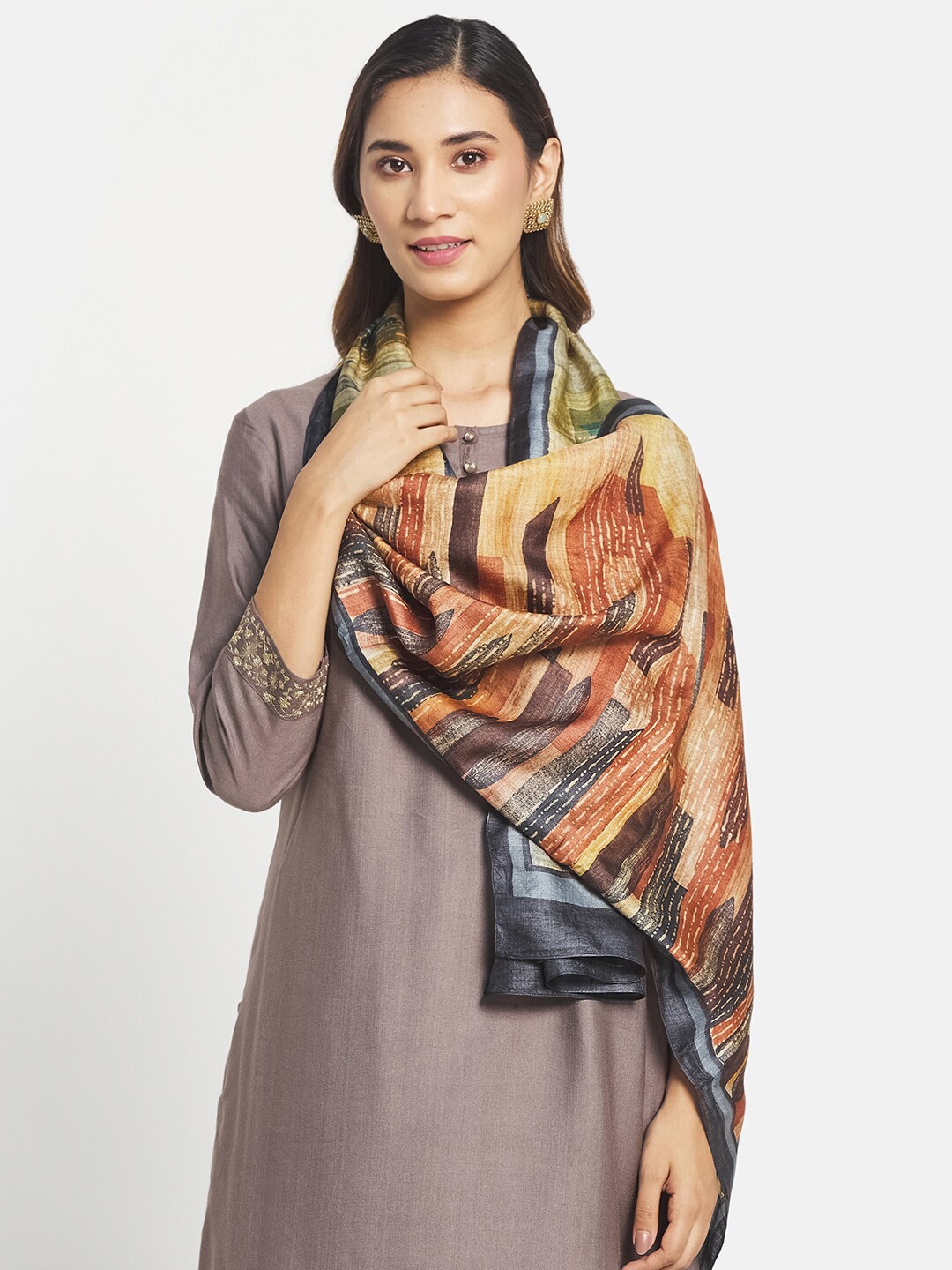 

Fabindia Women Orange & Grey Printed Stole