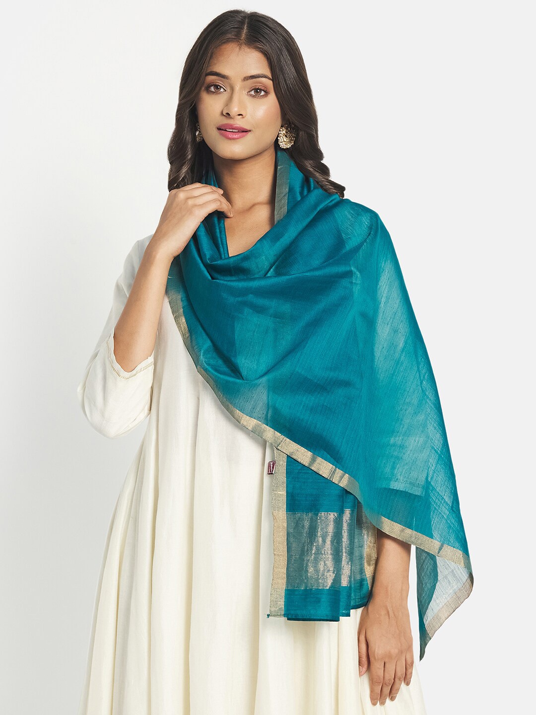 

Fabindia Women Teal & Gold-Toned Woven Design Stole