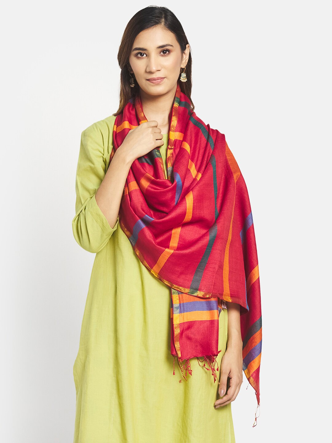 

Fabindia Women Red & Mustard Striped Cotton Silk Stole