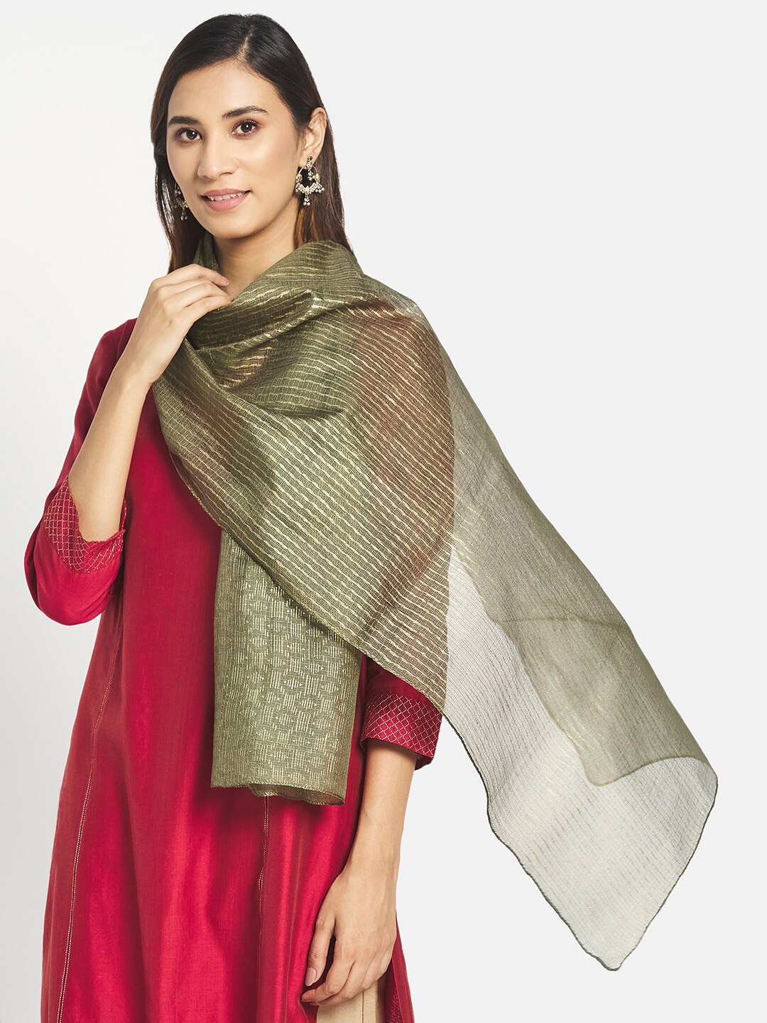 

Fabindia Women Green & Gold-Toned Striped Stole