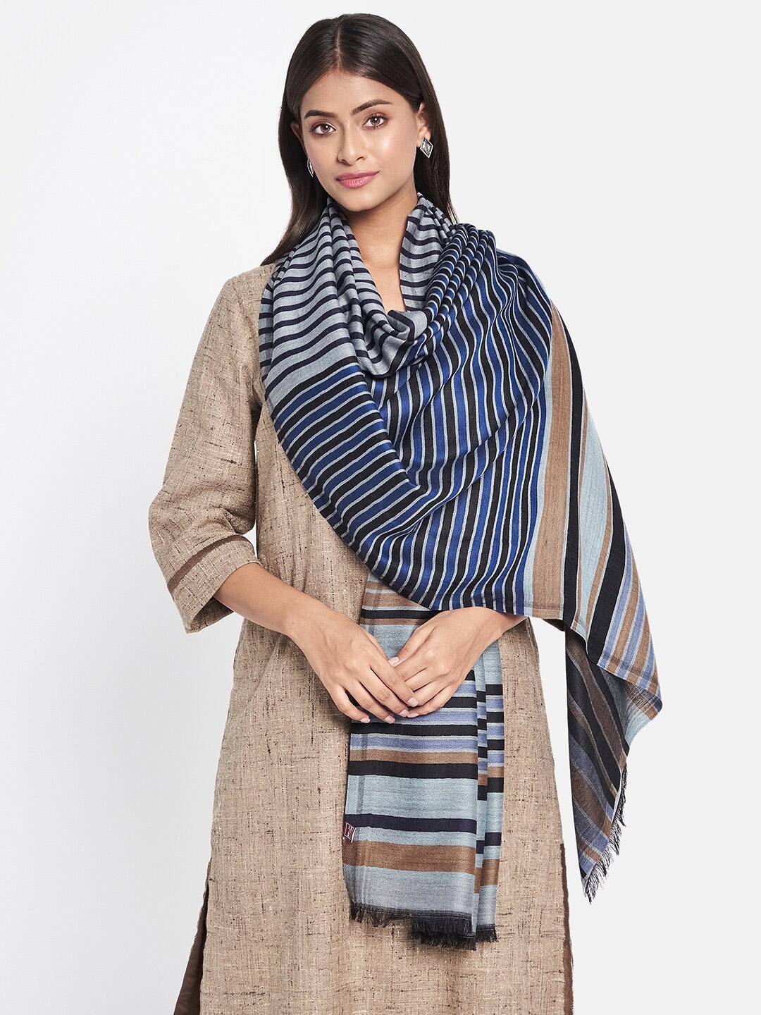 

Fabindia Women Blue & Brown Wool Blend Striped Stole