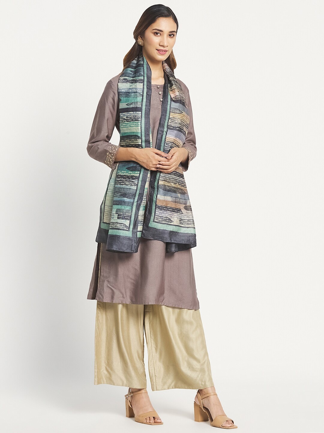 

Fabindia Women Grey & Green Printed Stole