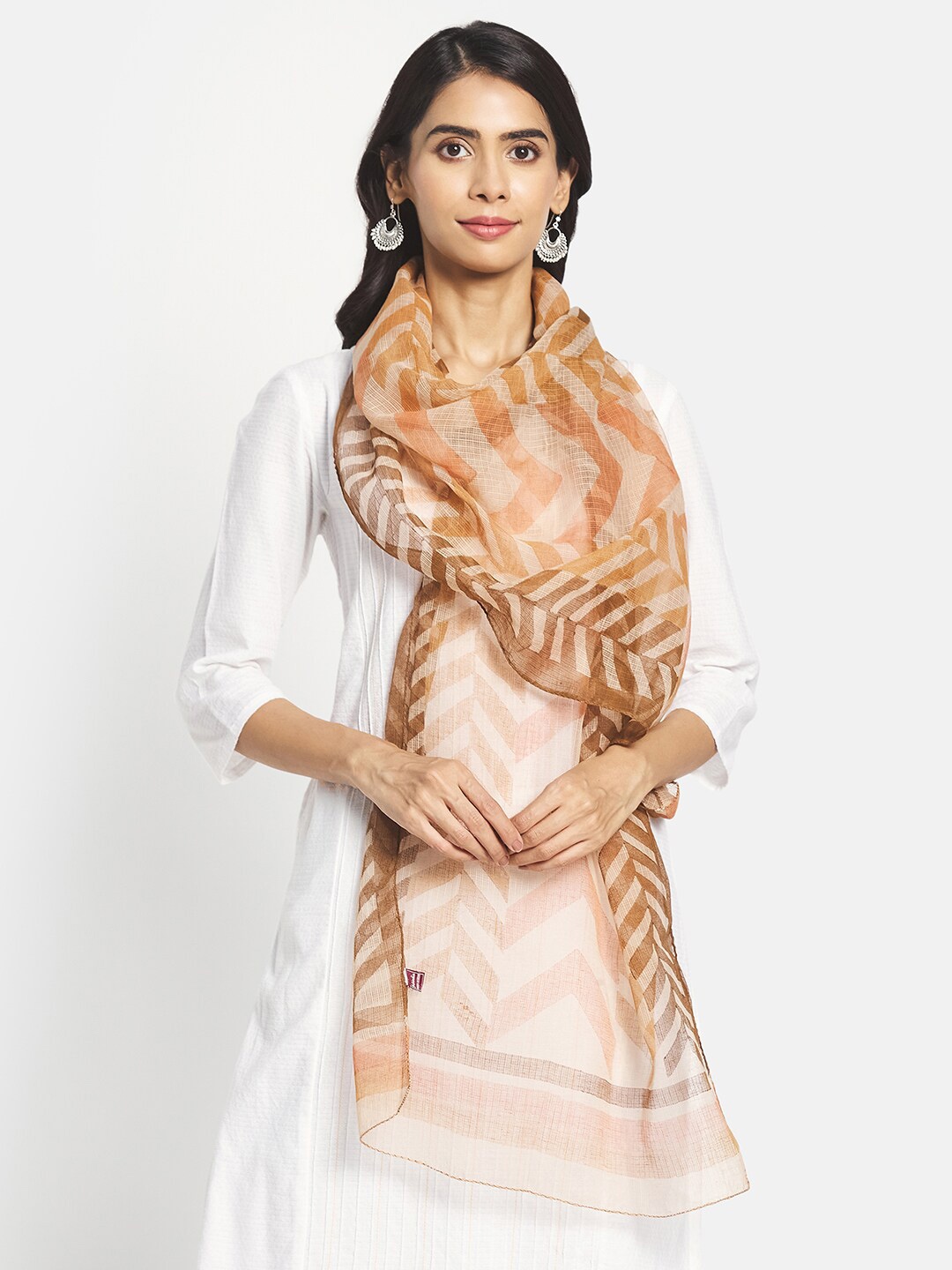 

Fabindia FabBasic Women Brown & Cream-Coloured Cotton Silk Hand Block Printed Stole