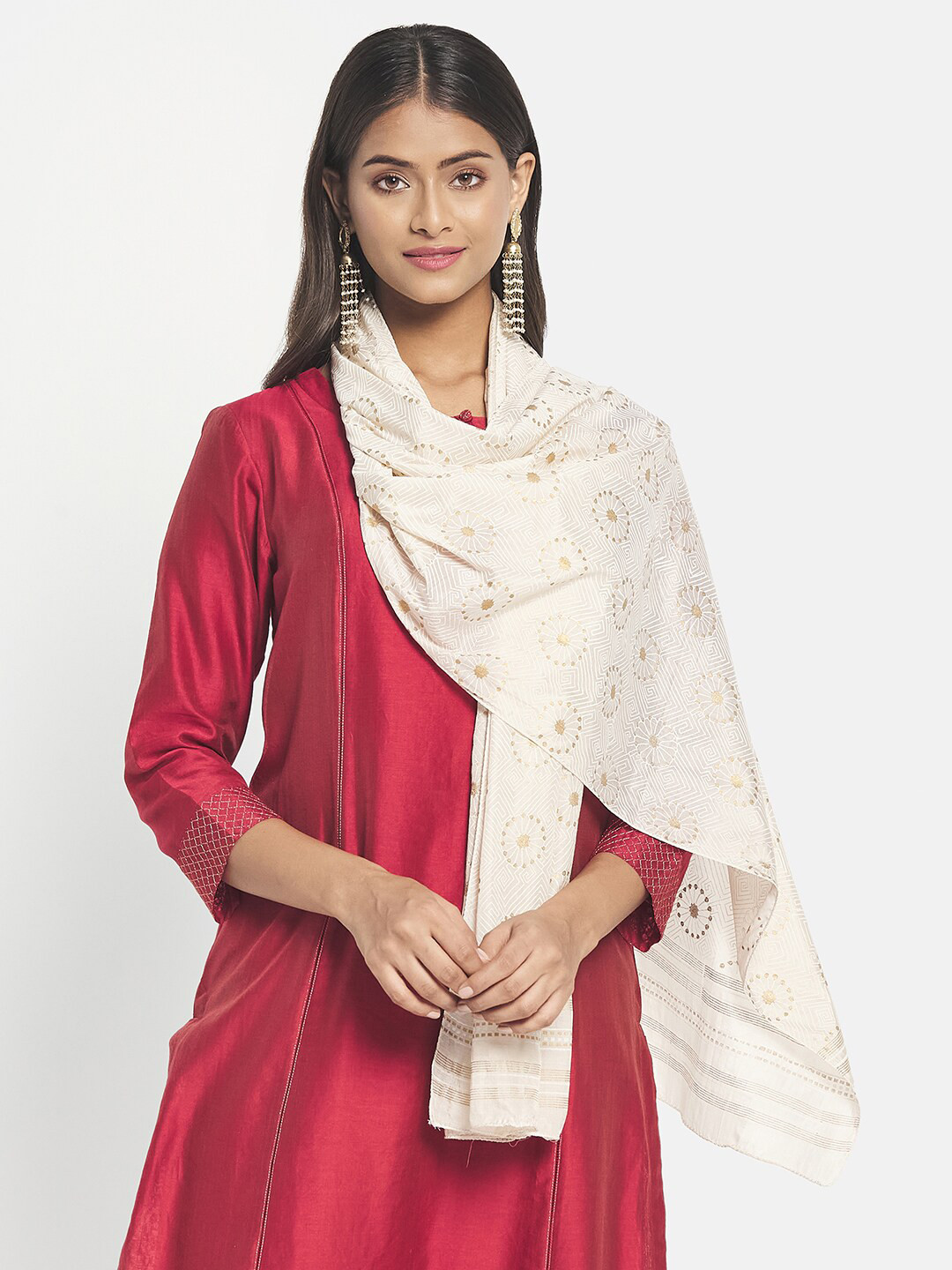 

Fabindia Women Beige & Gold-Toned Printed Stole