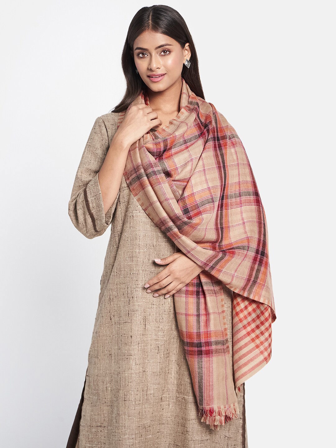 

Fabindia Women Peach-Coloured & Grey Checked Stole