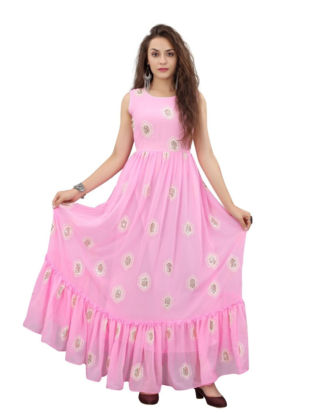 

APNISHA Pink Floral Embroidered Semi-Stitched Ethnic Maxi Dress