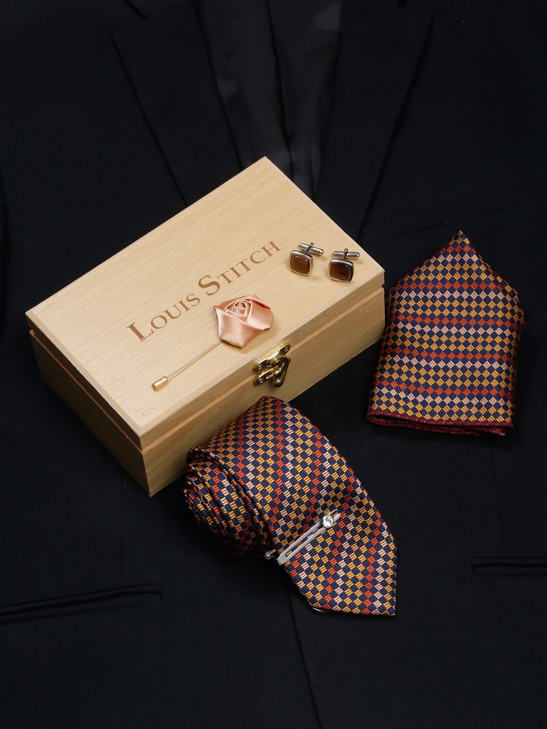 

LOUIS STITCH Men Italian Silk Blend Necktie Accessory Gift Set, Yellow