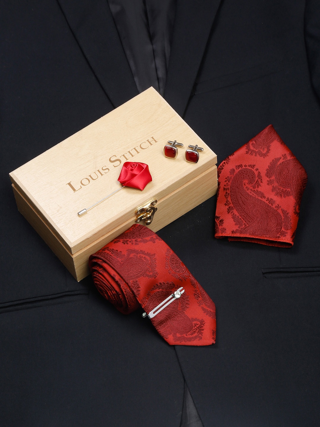 

LOUIS STITCH Men Silk Necktie Accessory Gift Set, Red