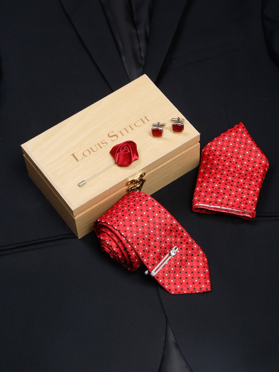 

LOUIS STITCH Men Italian Silk Necktie Accessory Gift Set, Red