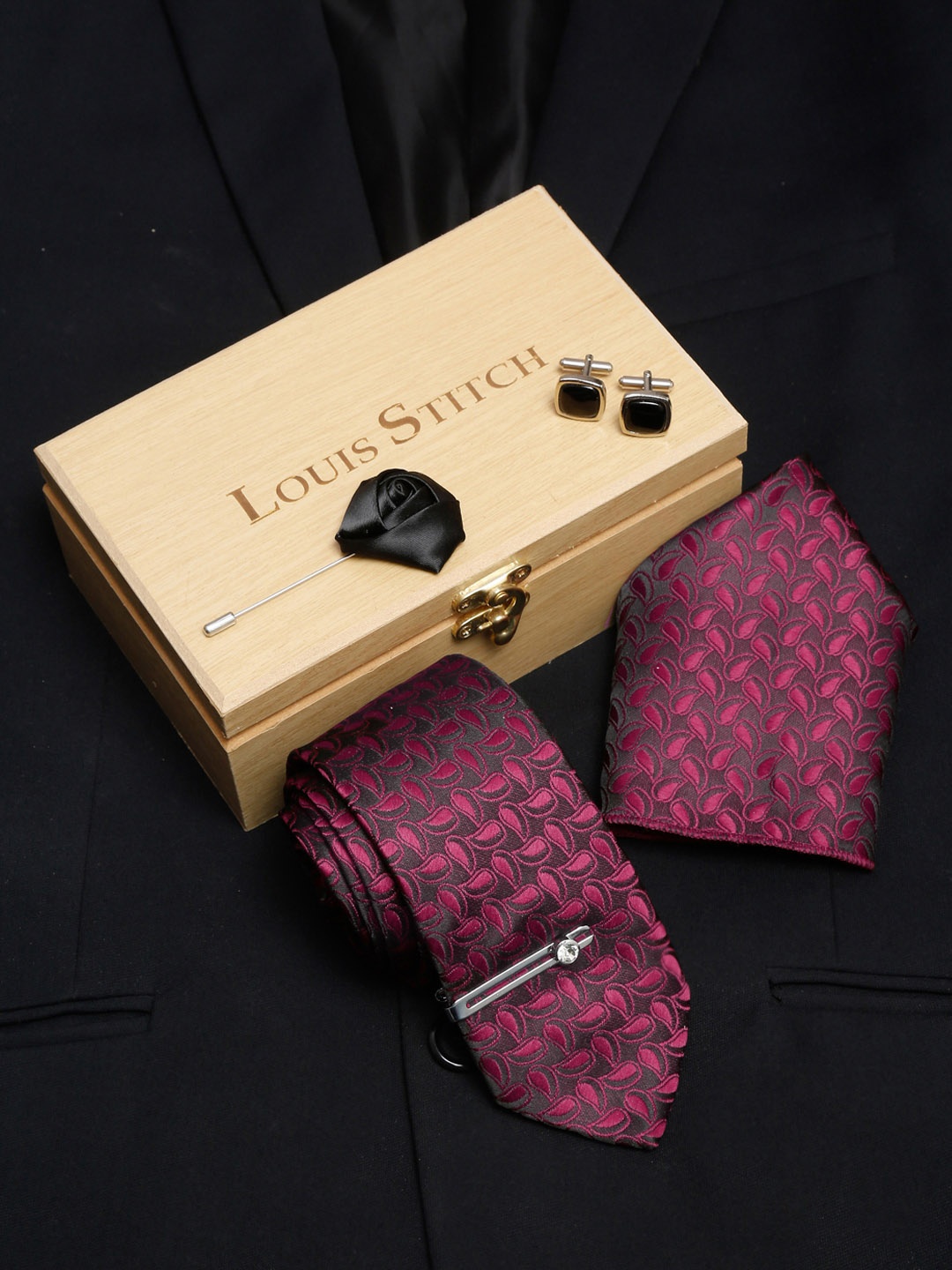 

LOUIS STITCH Men Italian Silk Blend Necktie Accessory Gift Set, Burgundy