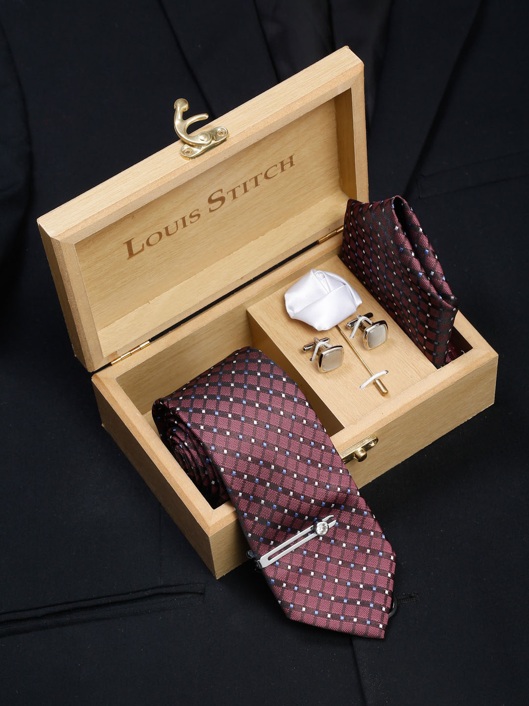 

LOUIS STITCH Men Brown Italian Silk Formal Tie Accessory Gift Set
