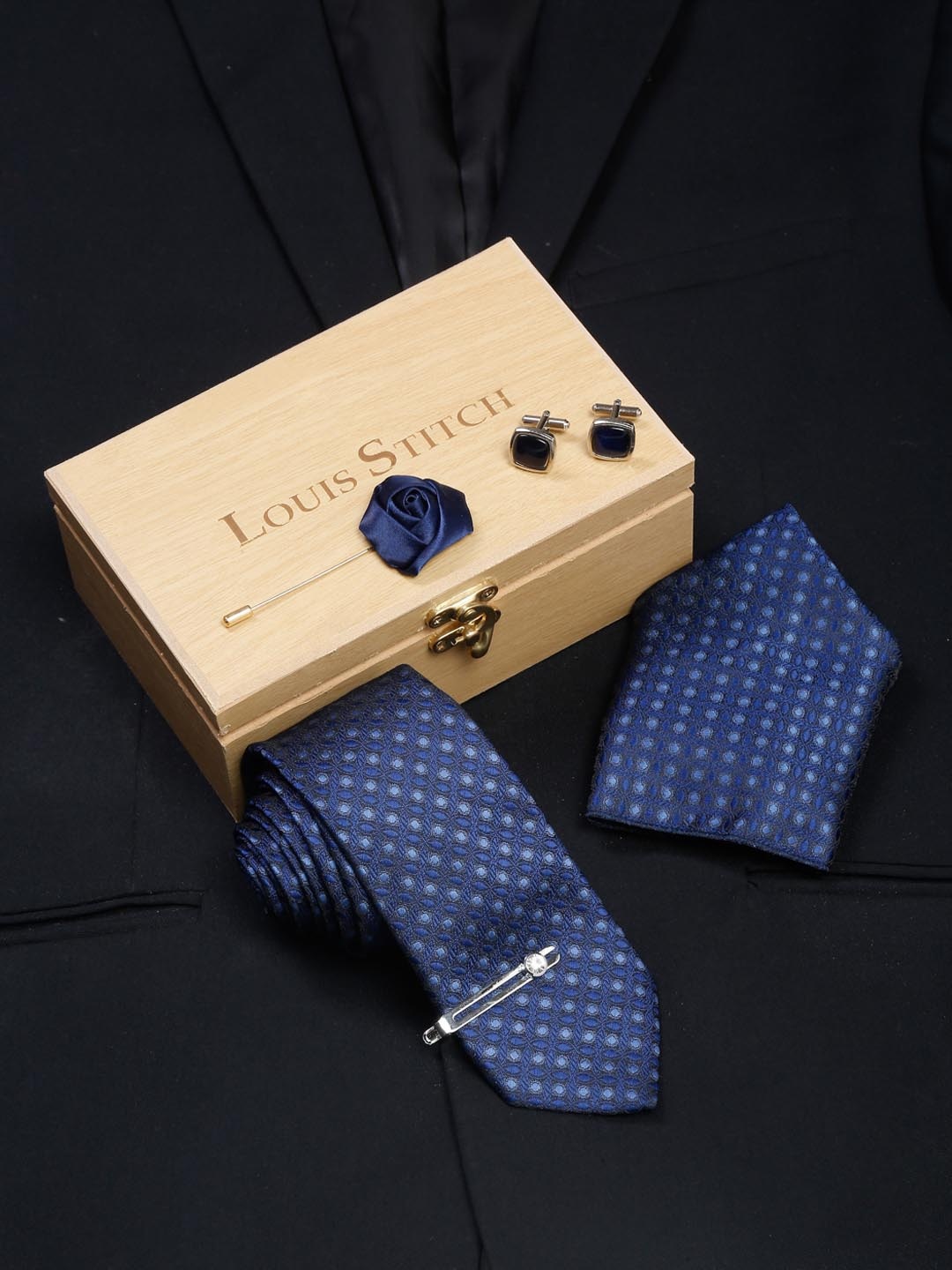 

LOUIS STITCH Men Italian Silk Necktie Accessory Gift Set, Blue