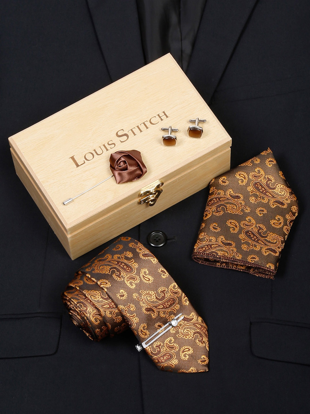 

LOUIS STITCH Men Hickory Brown Italian Silk Necktie Accessory Gift Set