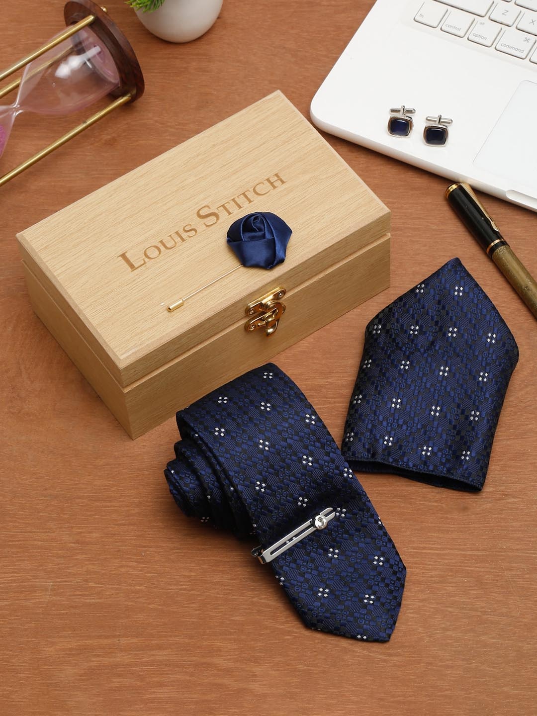 

LOUIS STITCH Men Printed Italian Silk Necktie Accessory Gift Set, Blue