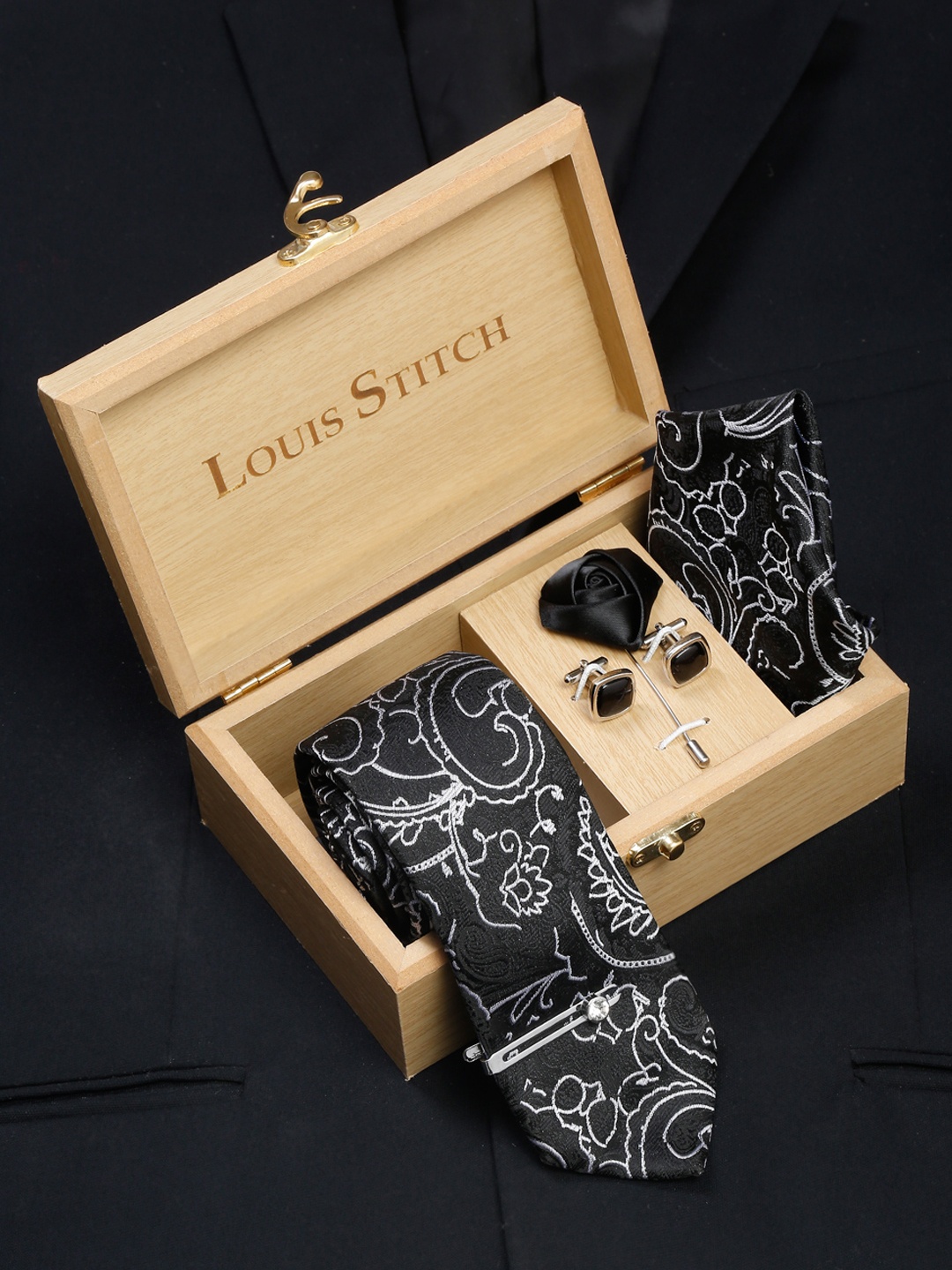 

LOUIS STITCH Men Italian Silk Blend Necktie Accessory Gift Set, Black