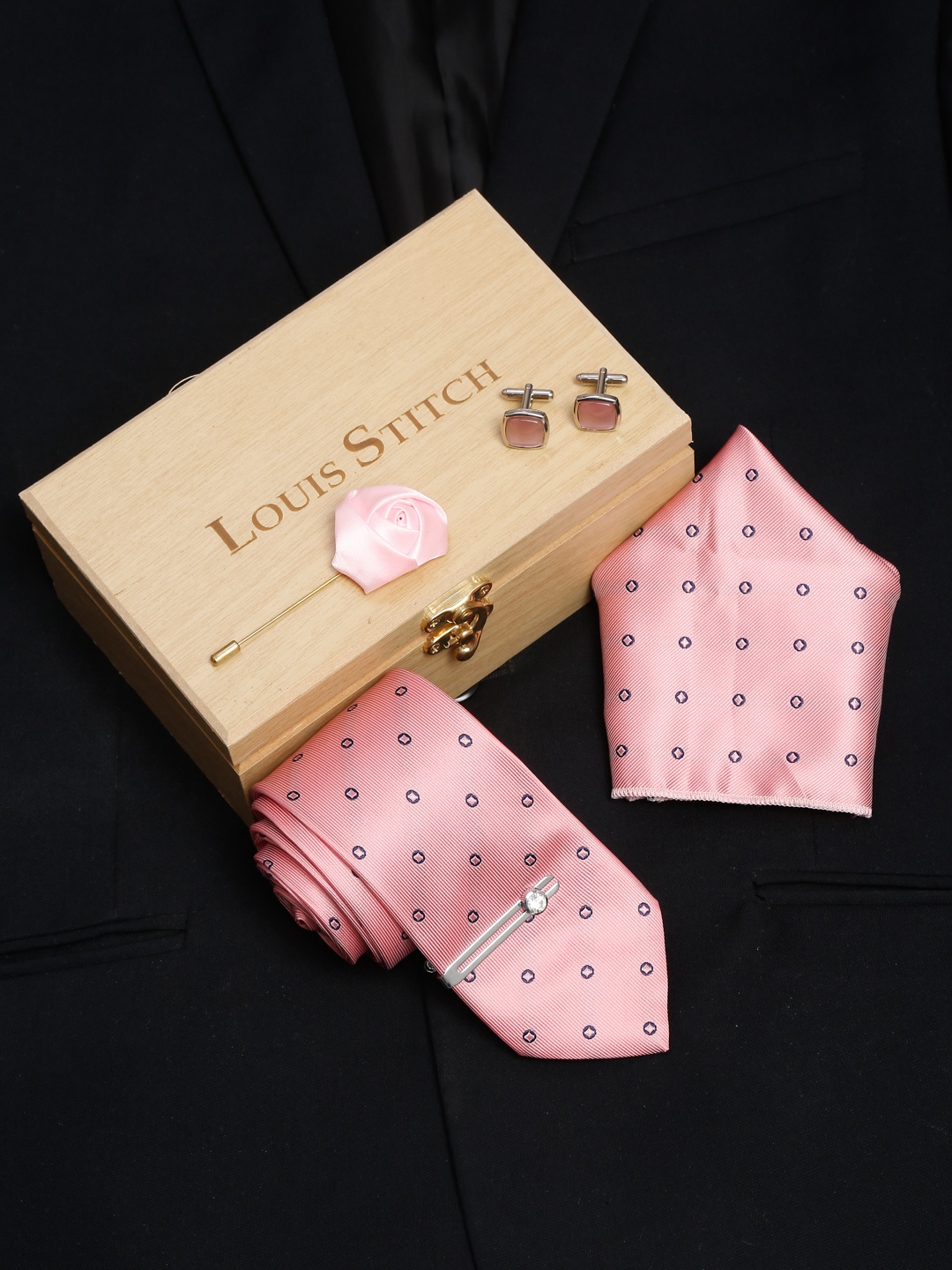 

LOUIS STITCH Men Silk Necktie Accessory Gift Set, Peach