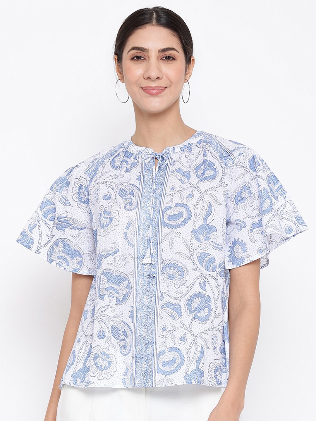 

Fabindia Blue & White Floral Printed Pure Cotton Top