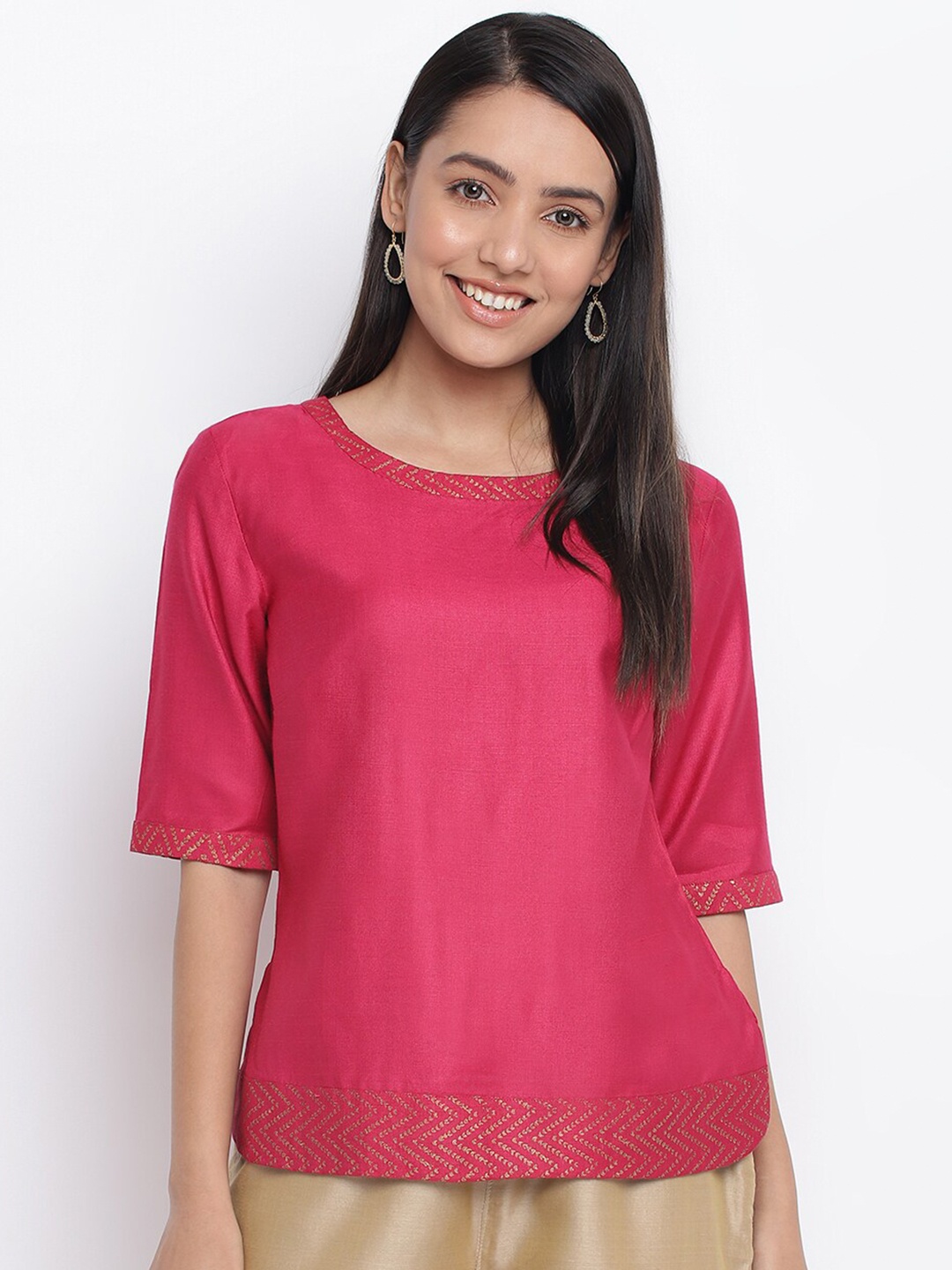 

Fabindia Women Magenta Hand Block Print Detail Top