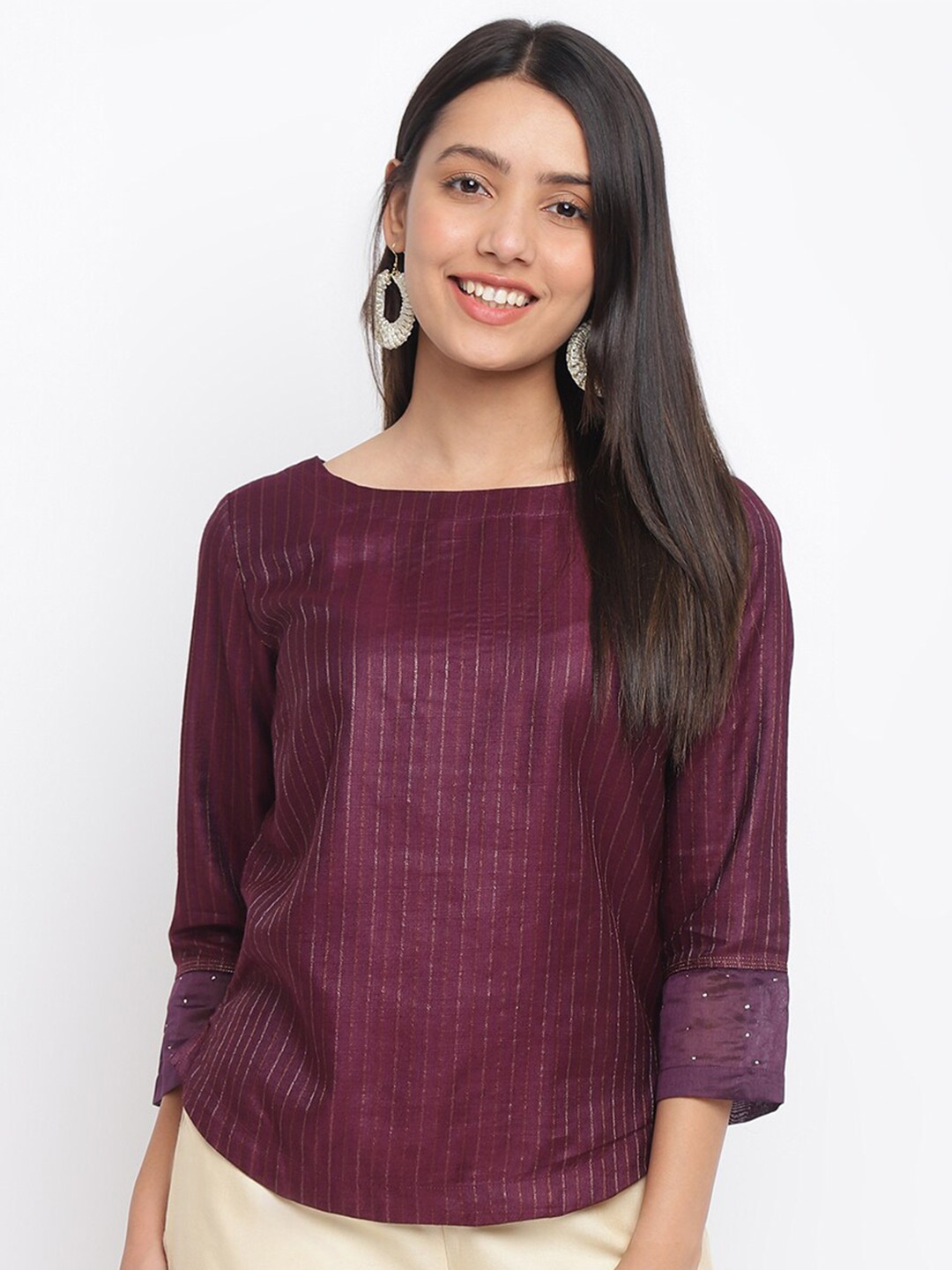 

Fabindia Women Purple Striped Round Neck Top
