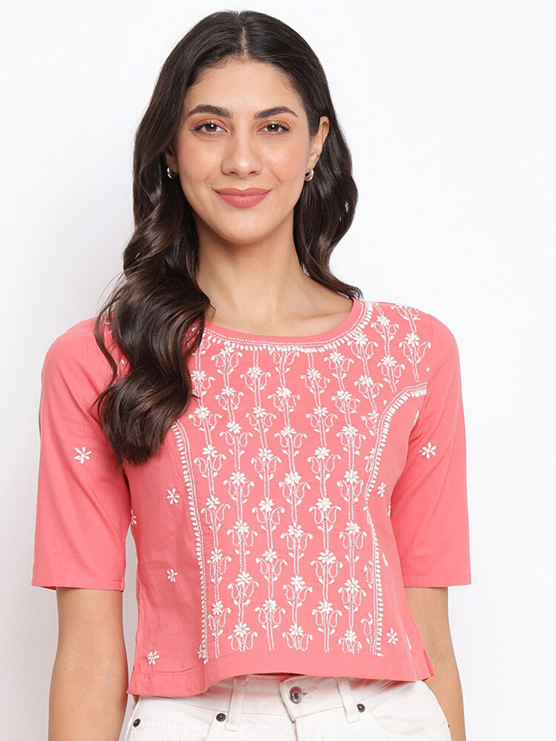 

Fabindia Women Pink Embroidered Styled Back Pure Cotton Top