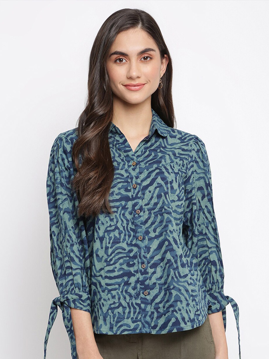 

Fabindia Women Blue Printed Shirt Style Top