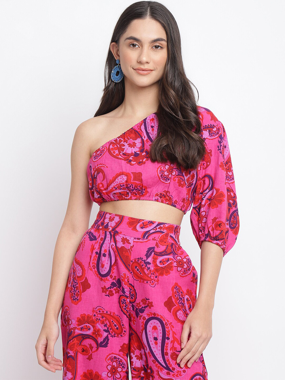 

Fabindia Women Pink Print One Shoulder Blouson Crop Top