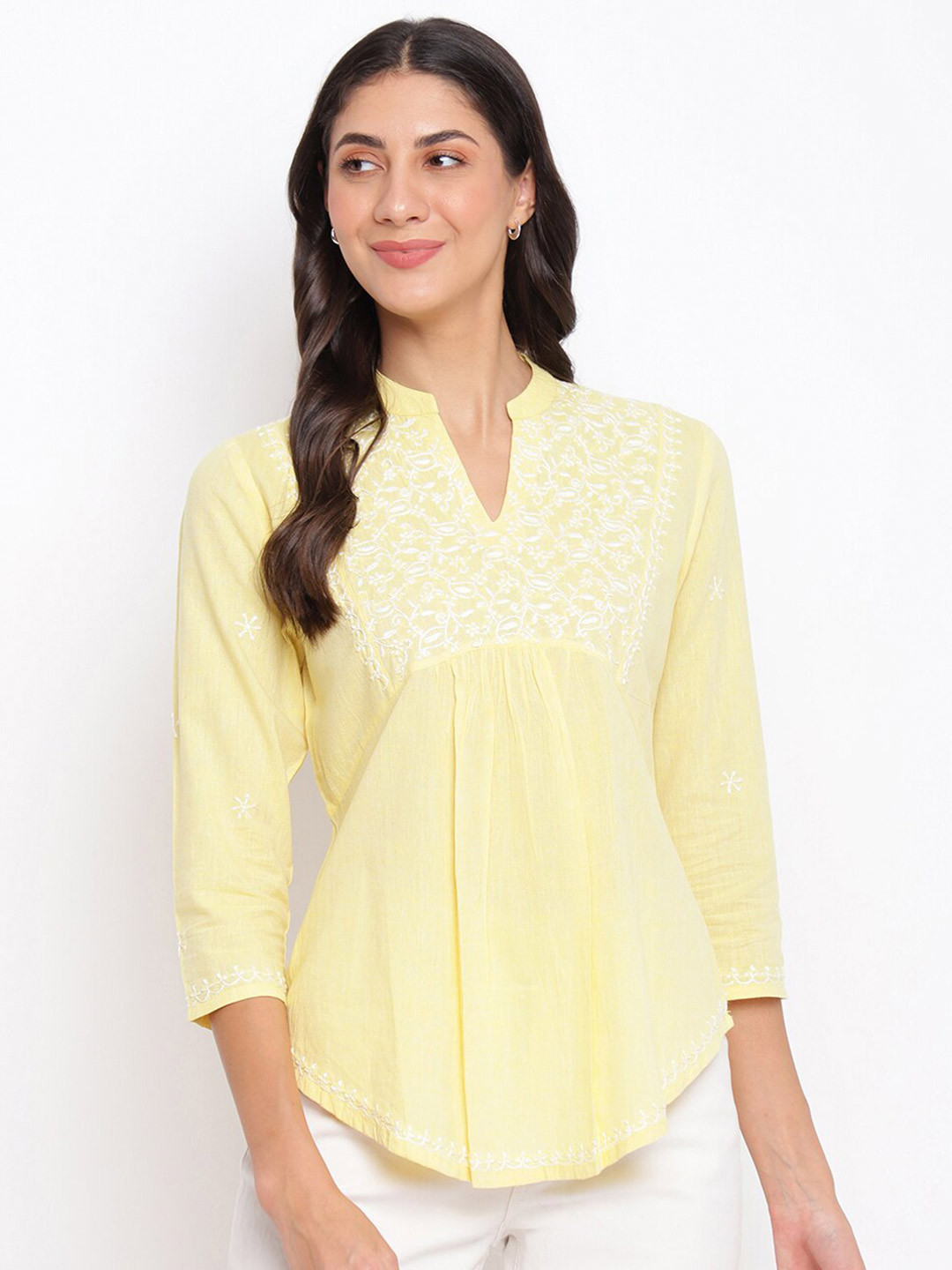 

Fabindia Yellow Embroidered Top