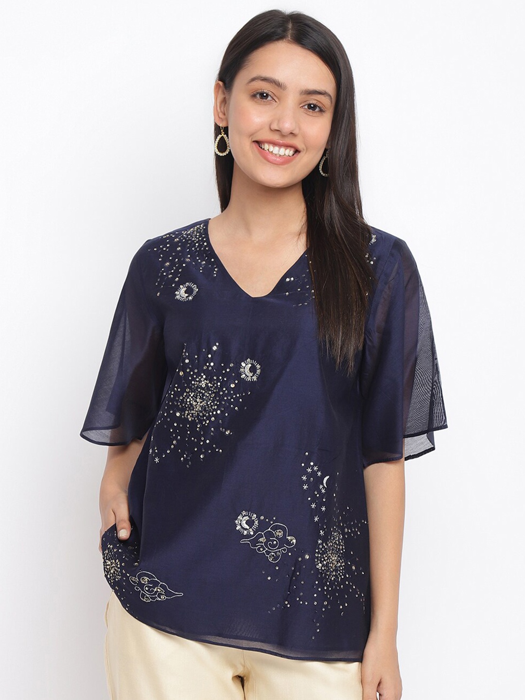 

Fabindia Women Navy Blue Embellished Top