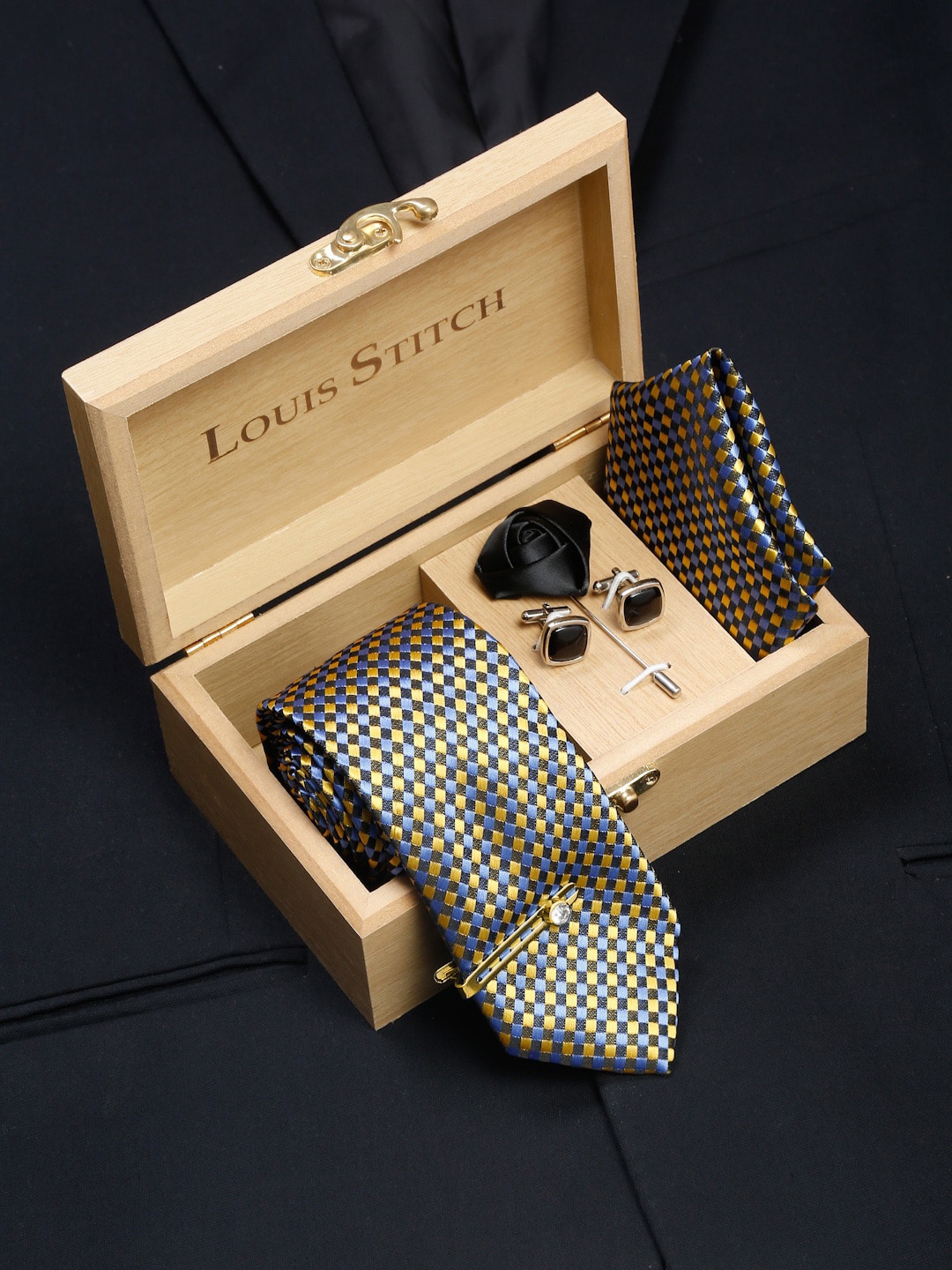 

LOUIS STITCH Men Italian Silk Necktie Accessory Gift Set, Yellow