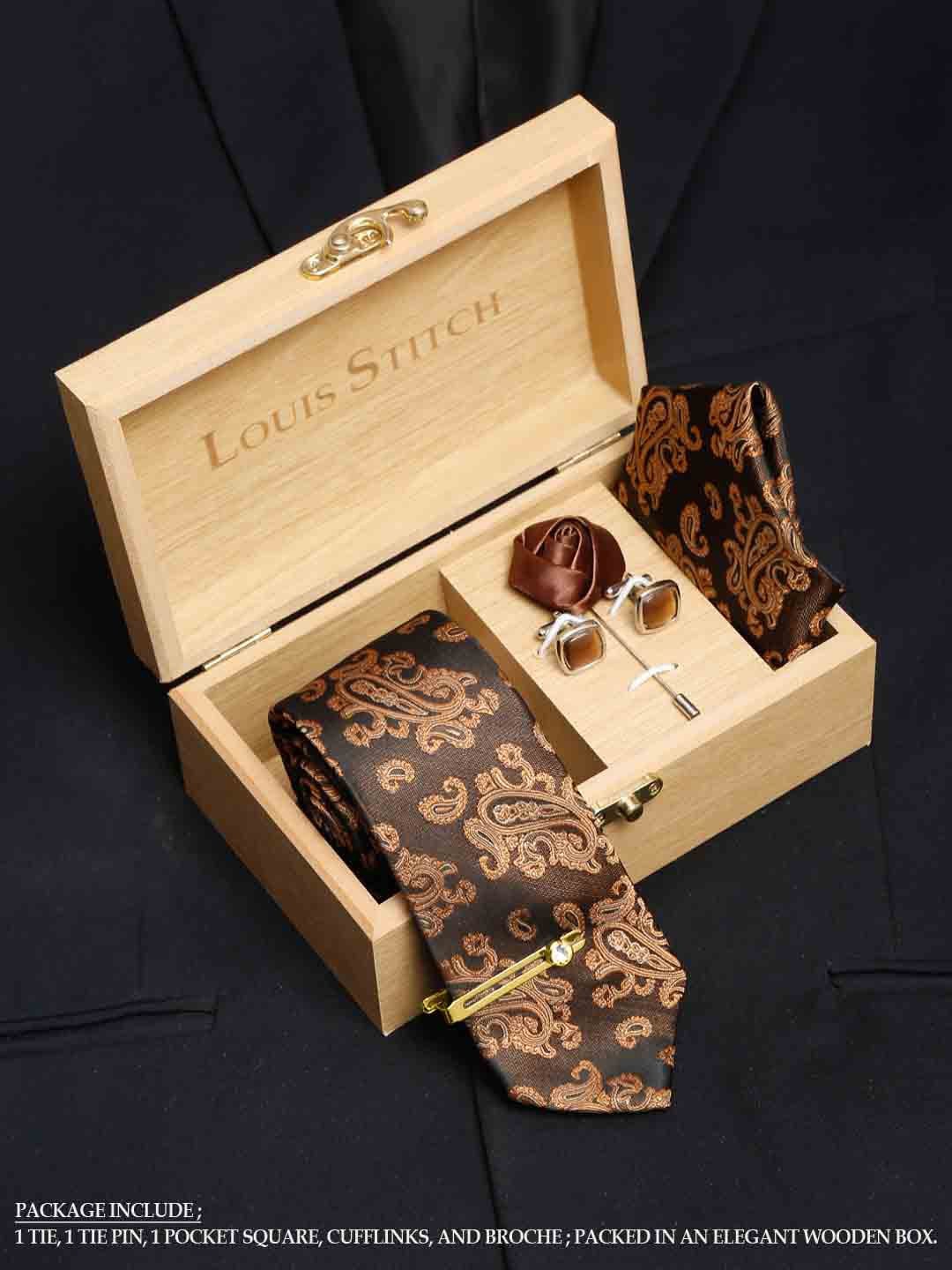 

LOUIS STITCH Men Hickory Brown Italian Silk Necktie Accessory Gift Set