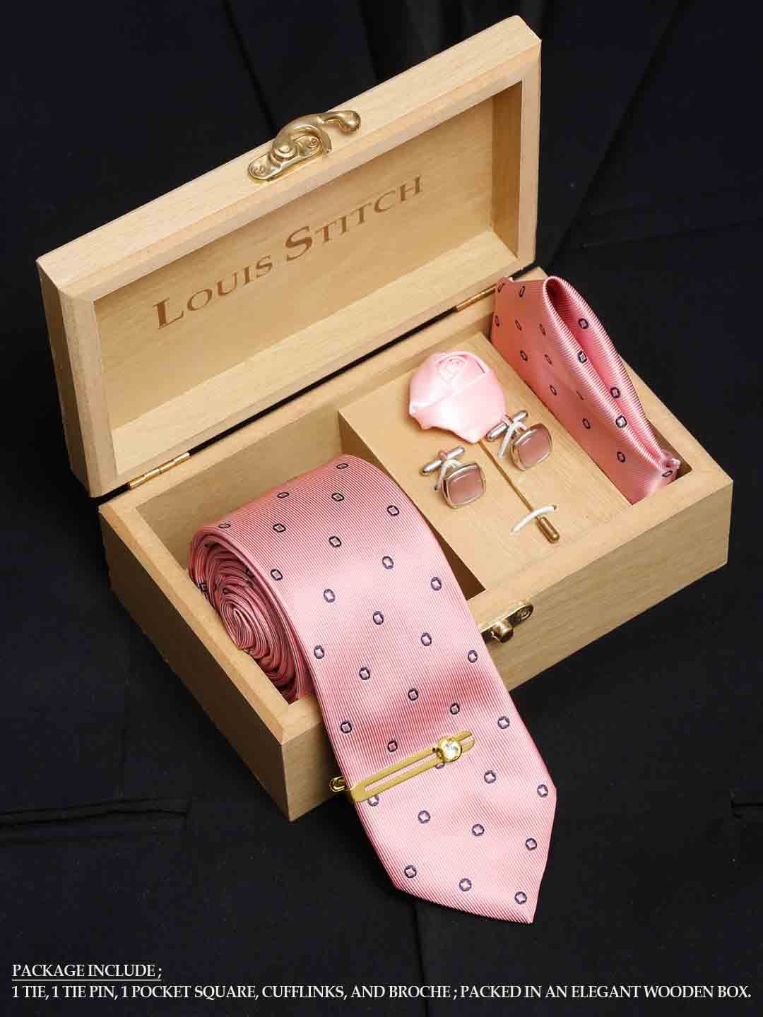 

LOUIS STITCH Men Apricot Peach Italian Silk Necktie Accessory Gift Set, Pink