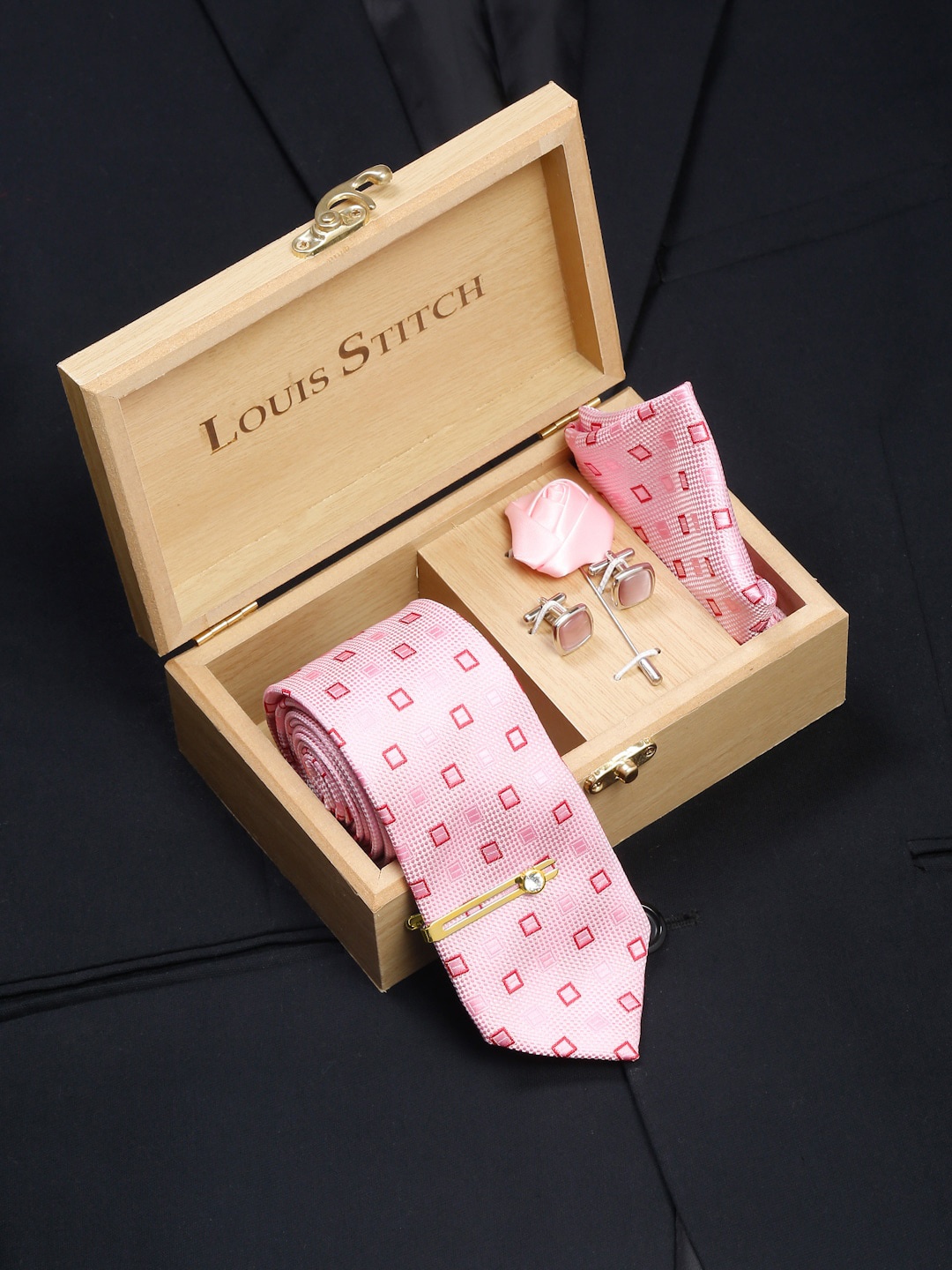 

LOUIS STITCH Men Printed Italian Silk Accessory Gift Set, Pink