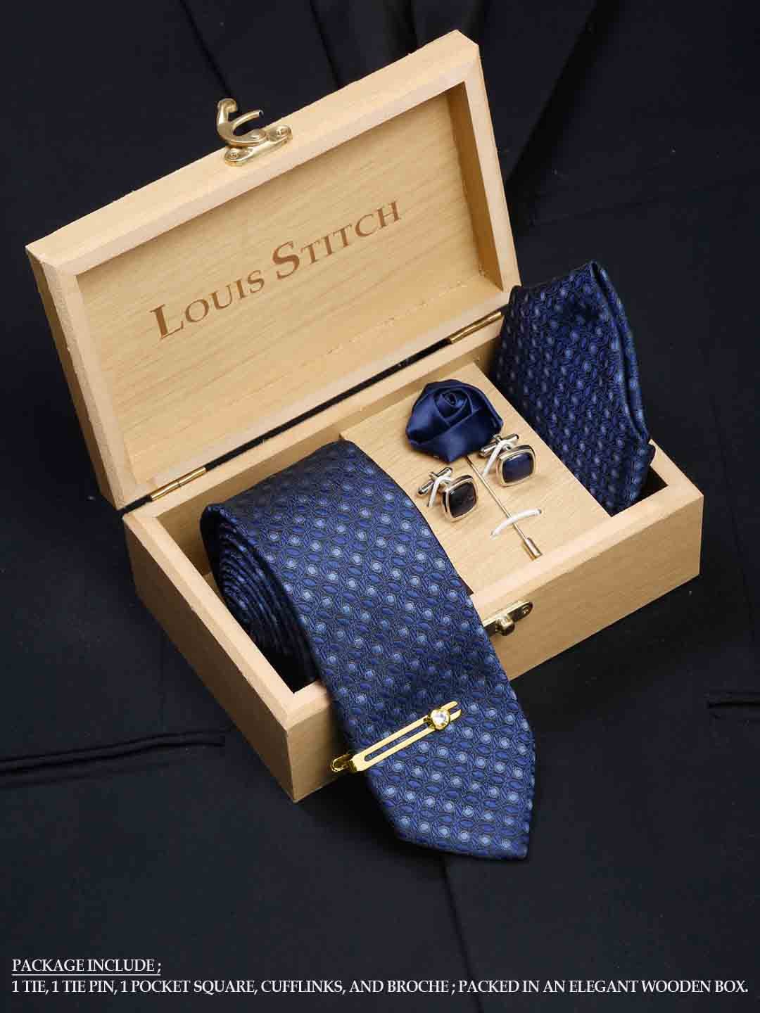 

LOUIS STITCH Men Admiral Blue Italian Silk Necktie Accessory Gift Set