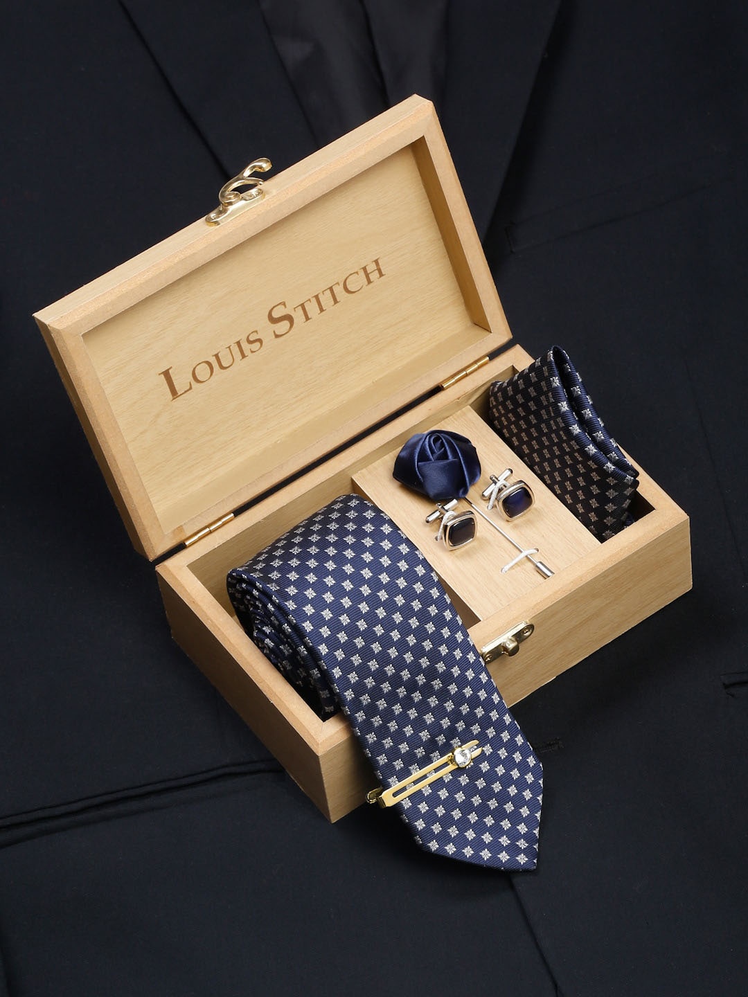 

LOUIS STITCH Men Italian Silk Necktie Accessory Gift Set, Blue