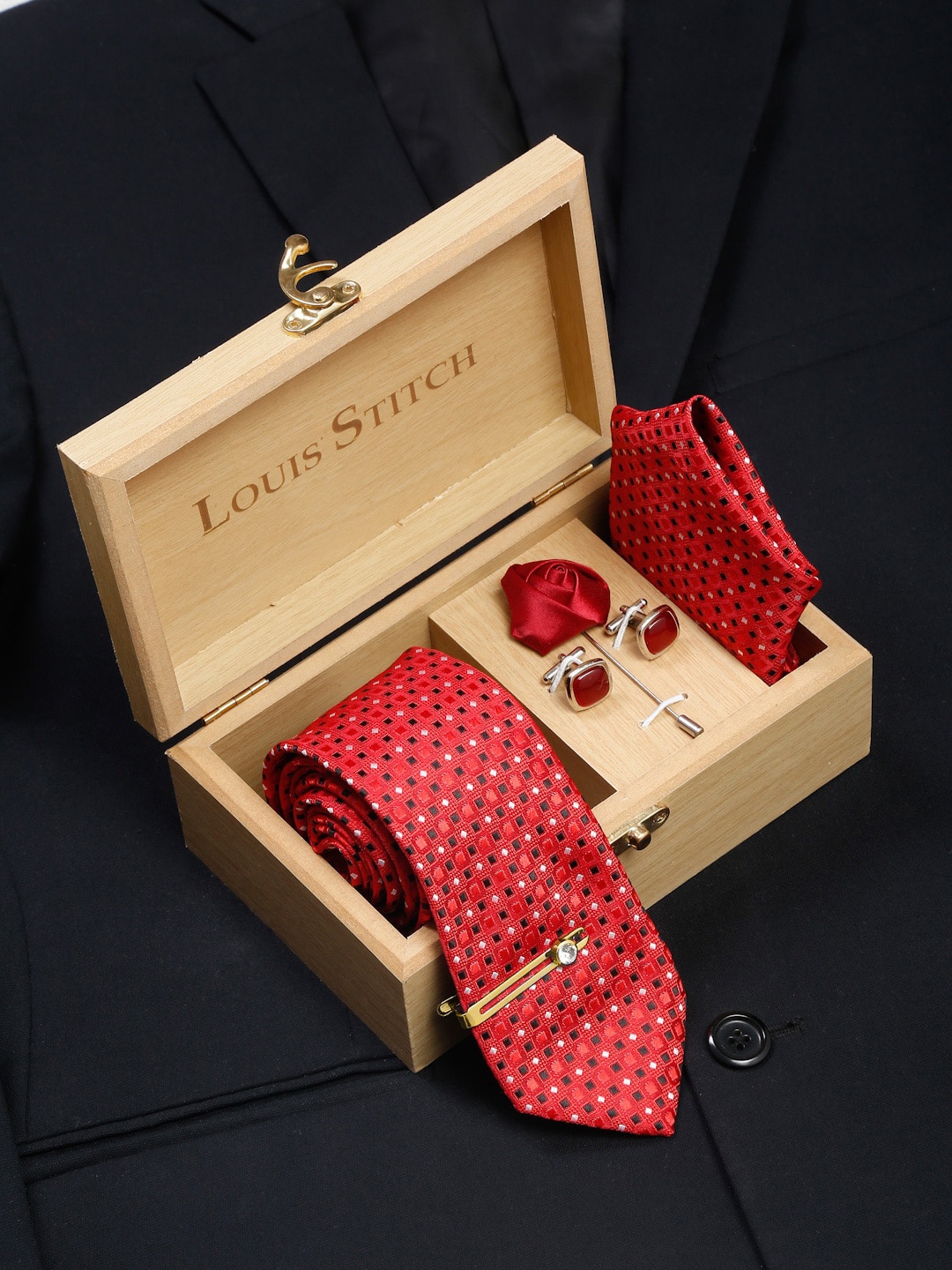 

LOUIS STITCH Men Italian Silk Necktie Accessory Gift Set, Red