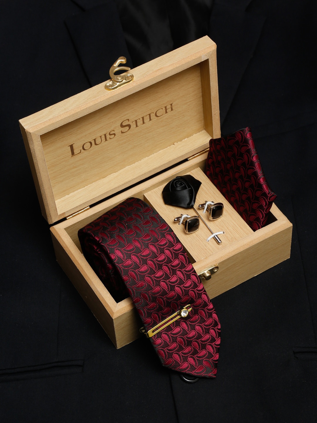 

LOUIS STITCH Men Burgundy Red Italian Silk Necktie Accessory Gift Set